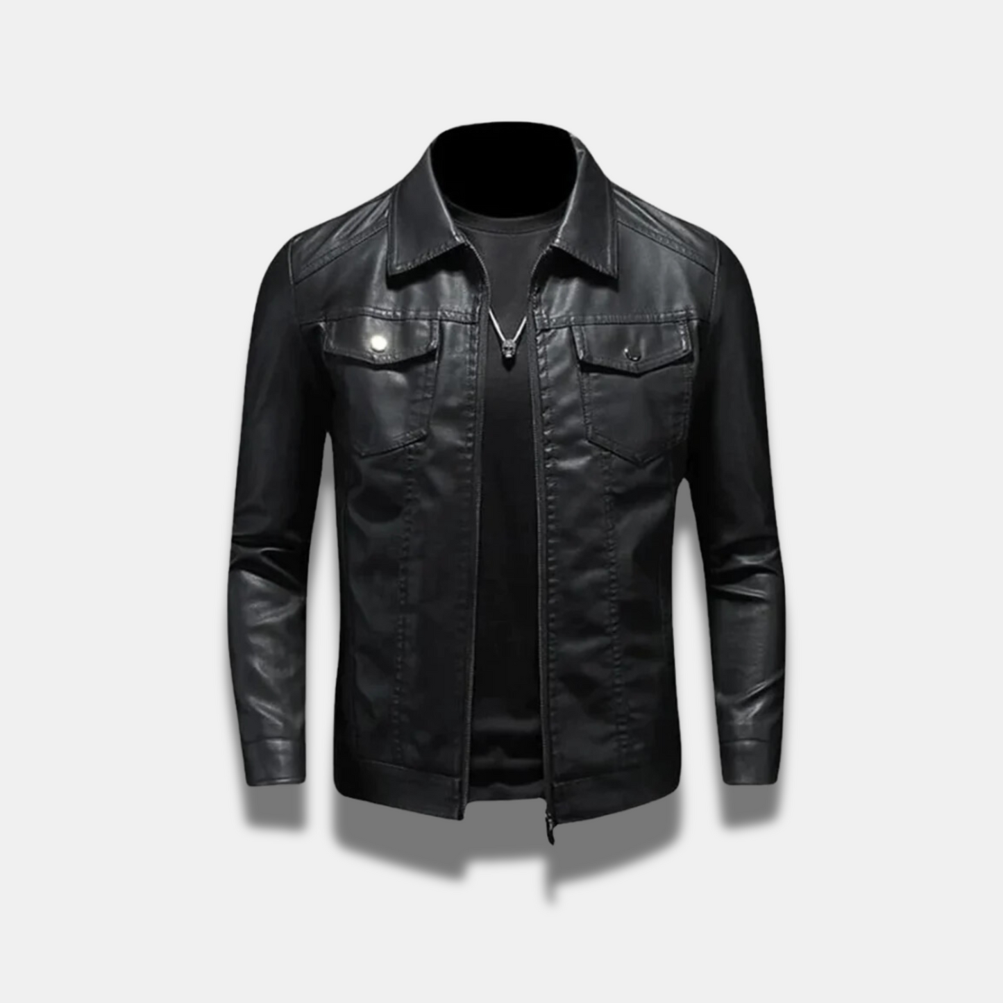 Chaqueta de cuero genuino negra premium hombres