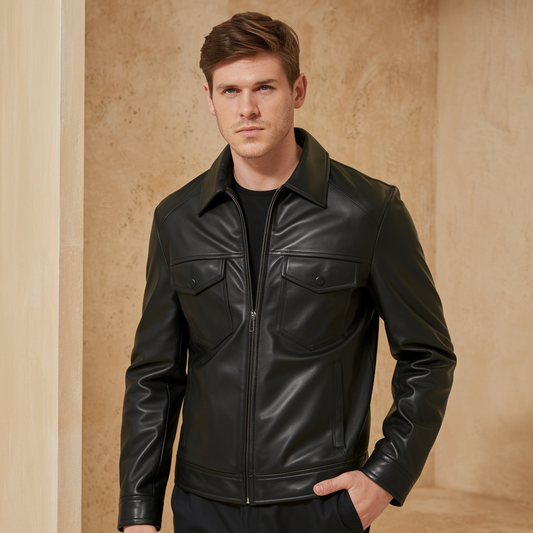 Chaqueta de cuero genuino negra premium hombres